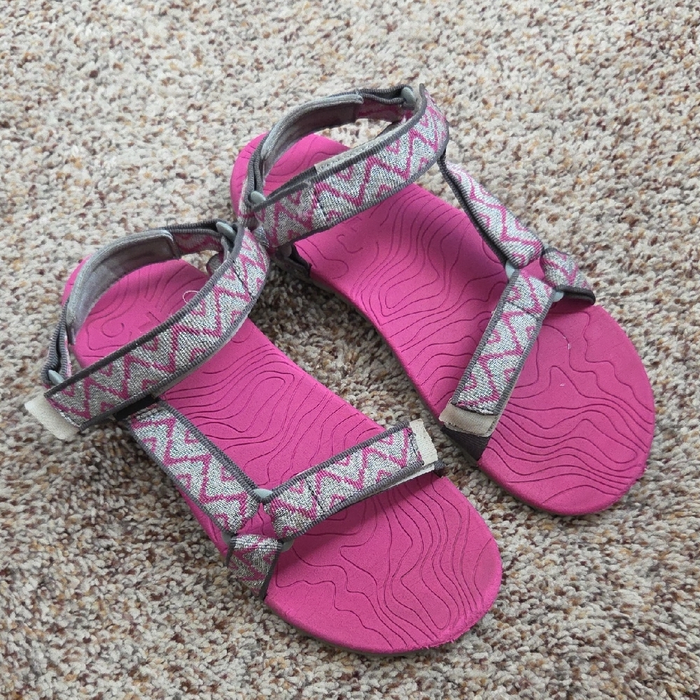 Teva Girl's Hiking Sandals with Pink Soles and Gray Straps